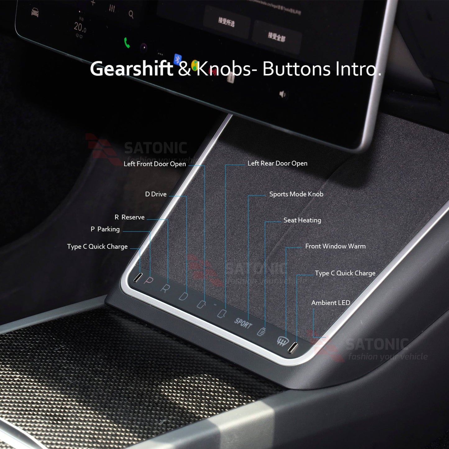 SATONIC Wireless Charger Ambient LED KNOB For Tesla Model 3 Highland & 2026 Model Y Juniper