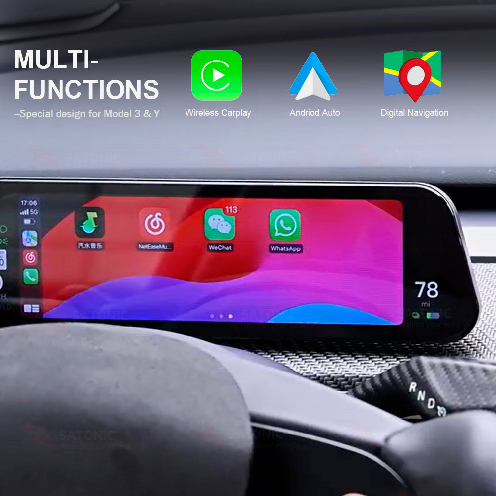 SATONIC 9.6 inch Apple CarPlay/Android Auto Screen for Tesla Model 3/ Y / Highland 3