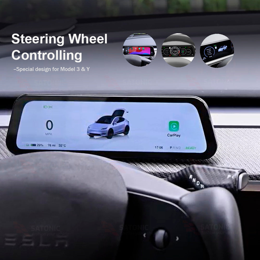 SATONIC 9.6 inch Apple CarPlay/Android Auto Screen for Tesla Model 3/ Y / Highland 3