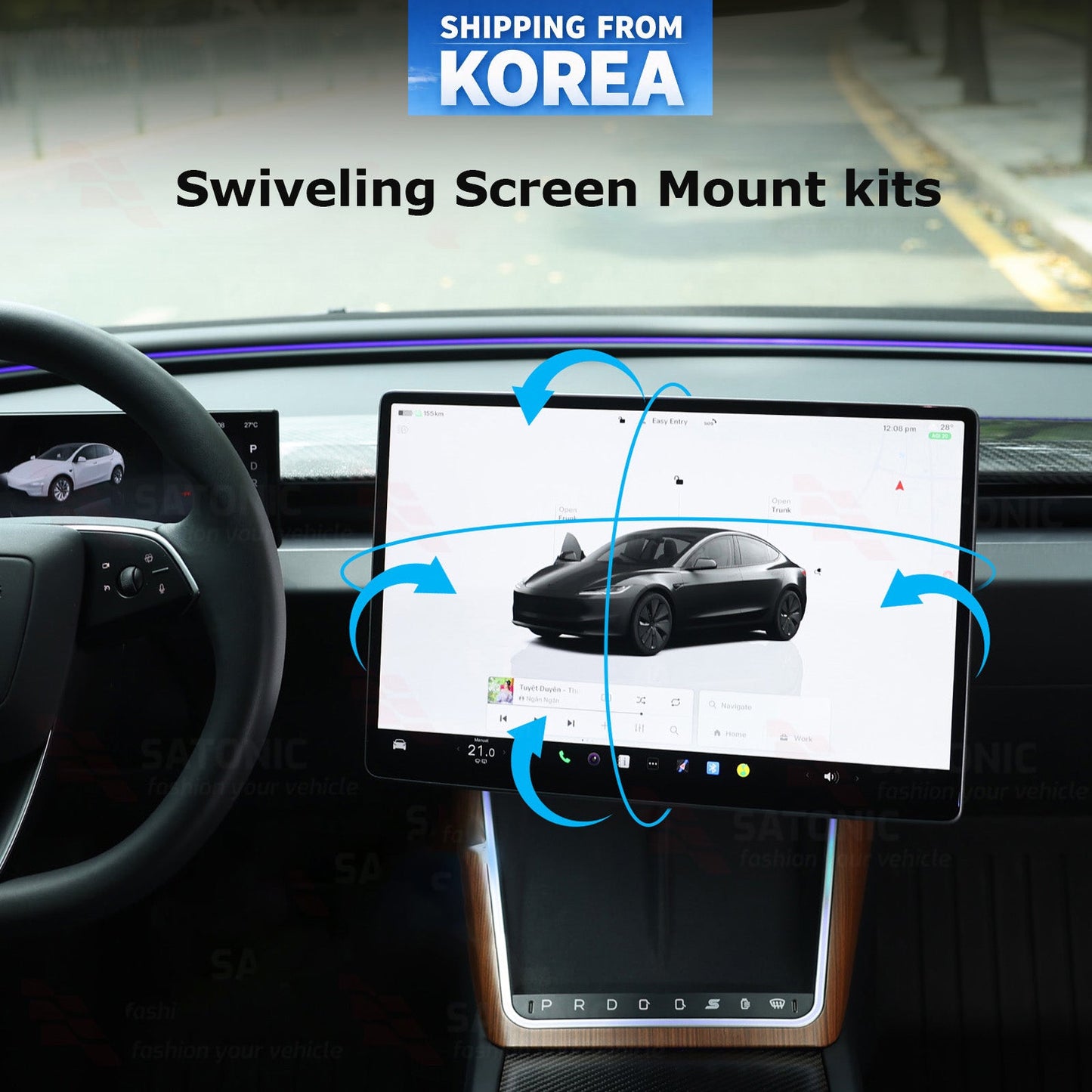 SATONIC V2 Swiveling Screen Mount kits For Tesla Model 3 / Y / 2026 Model Y Juniper – Full Range Up, Down, Left & Right!